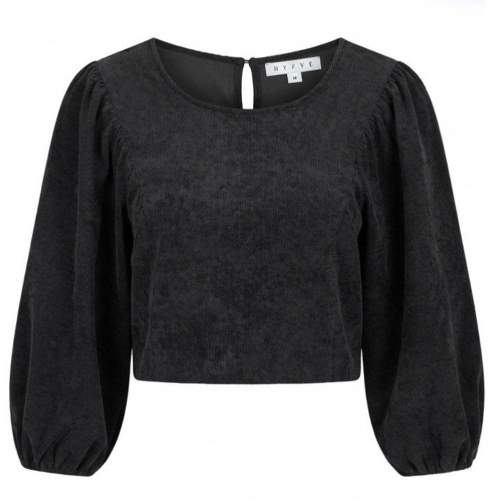 HYFVE Velvet Cropped Long Sleeve Top Black Corduroy Puff Sleeve Women's Medium